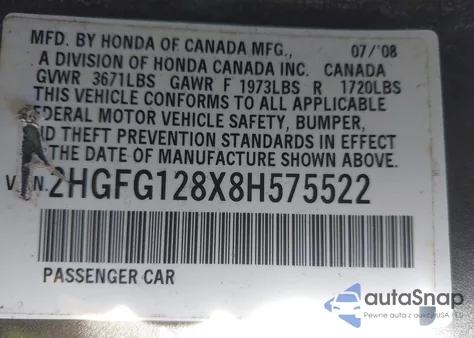 2008 Honda Civic Ex from USA, damaged, VIN 2HGFG128X8H575522